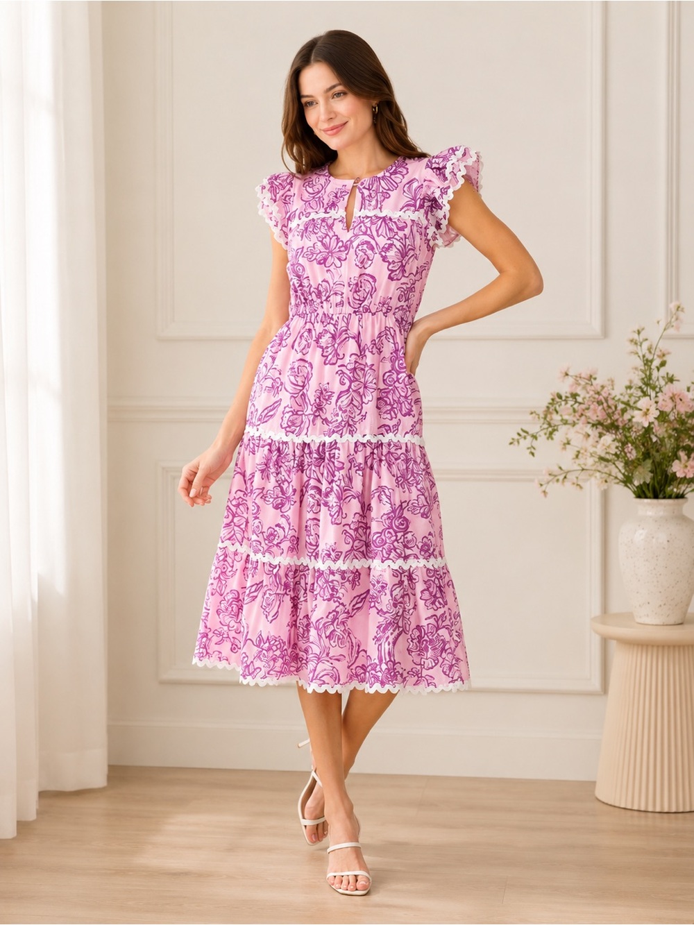 Sail to Sable lilac and white floral print cotton flutter sleeve midi dress